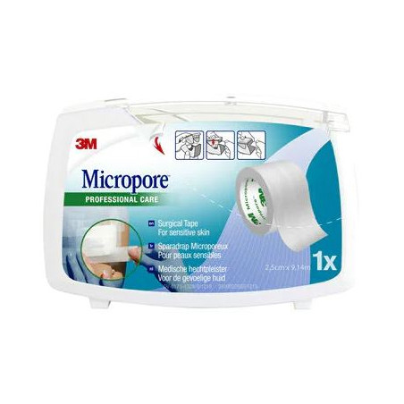 3M Micropore Sparadrap Microporeux 25mm x 9.14m 1 rouleau + 1 dévidoir