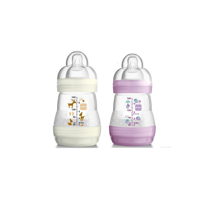 Lot de 2 Biberons Anti - Colique Mam 160 ml, Tétine Débit 1, Rose et Blanc