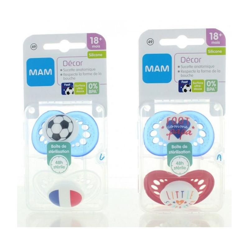 Achetez MAM Sucettes Silicone +18mois Décor Foot lot de 2 à 4.55€ seulement  ✓ Livraison GRATUITE dès 49€